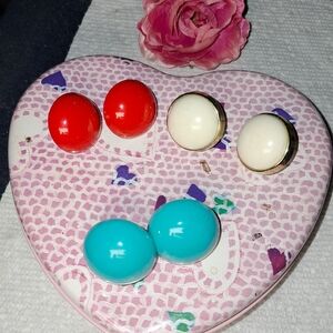 Vintage Triple Stud Earring Bundle w/ Red, Blue & Ivory